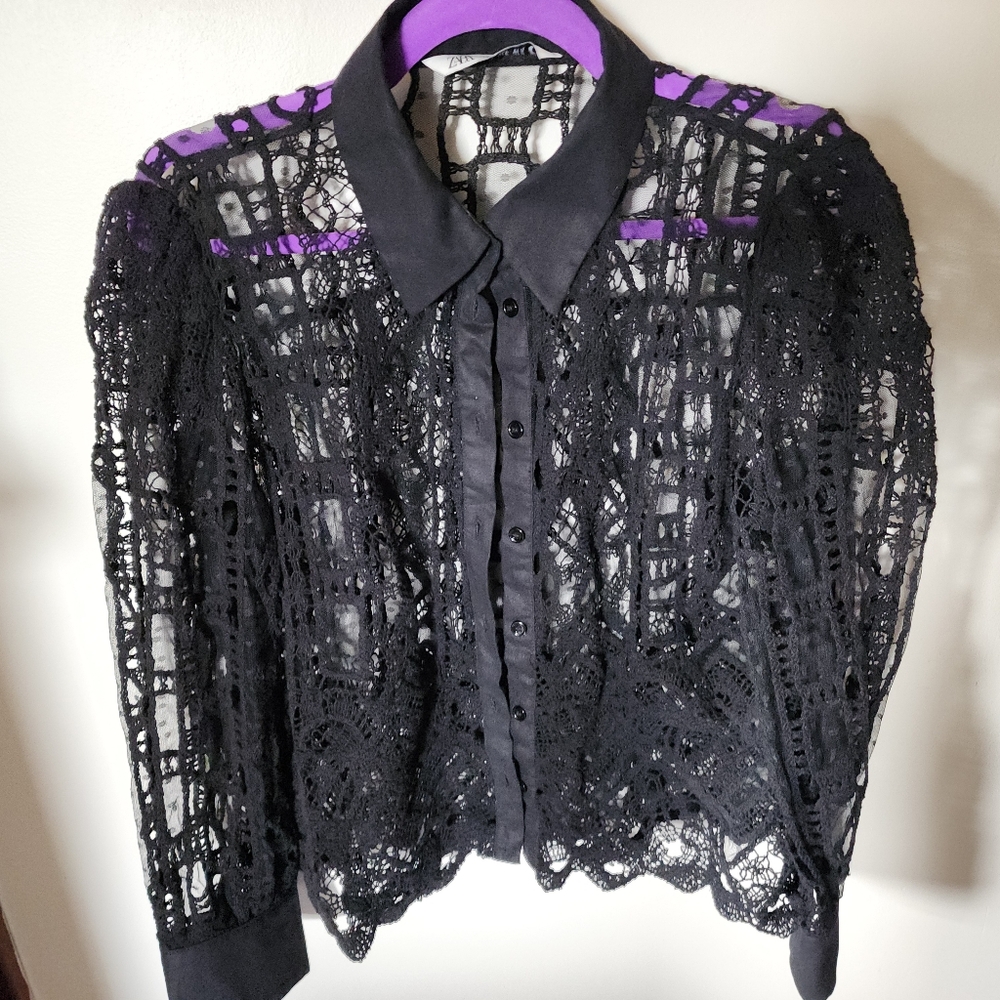 ZARA Black lace buttoned blouse XL